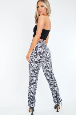 Rebellious Fashion Black White Zebra Print Slinky Ruched Leg Trousers - Vanna