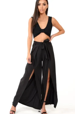 Rebellious Fashion Black Wide Leg Belted Split Front Trousers - Aamira