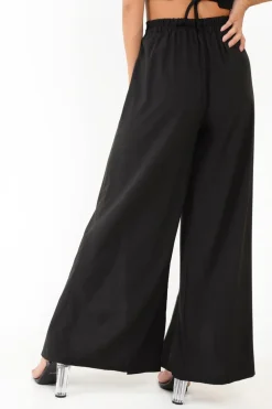Rebellious Fashion Black Wide Leg Belted Split Front Trousers - Aamira