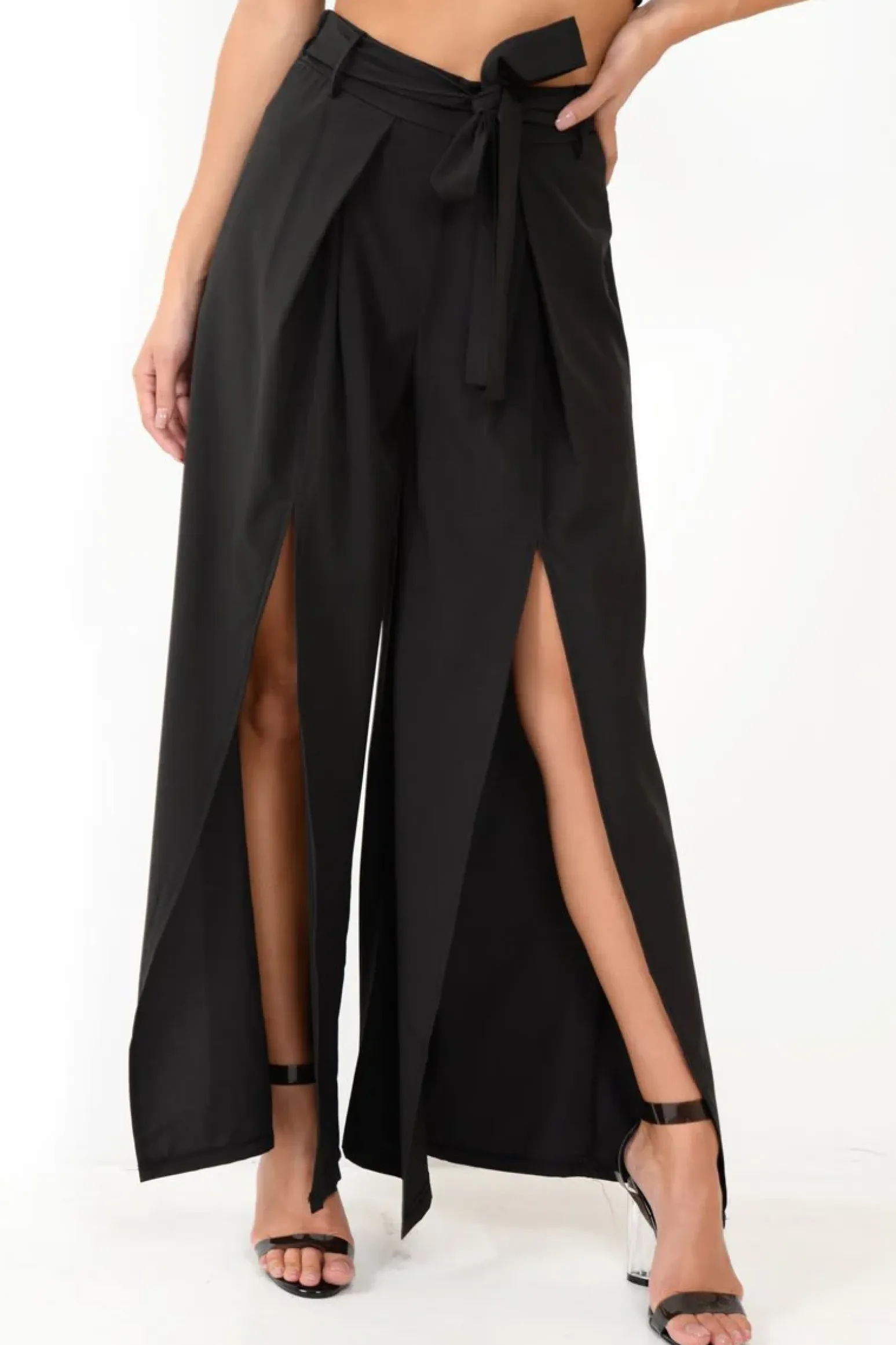 Rebellious Fashion Black Wide Leg Belted Split Front Trousers - Aamira