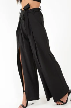 Rebellious Fashion Black Wide Leg Belted Split Front Trousers - Aamira