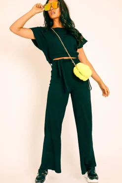 Rebellious Fashion Black Wide Leg Ribbed Crop Top Loungewear Co-ord - Cesilia