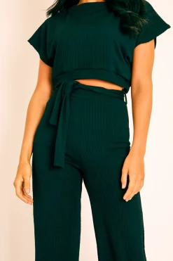 Rebellious Fashion Black Wide Leg Ribbed Crop Top Loungewear Co-ord - Cesilia