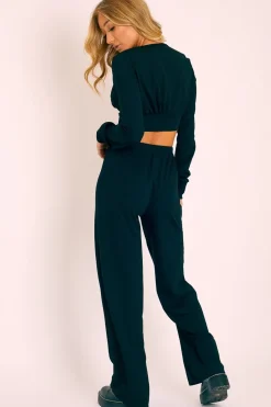 Rebellious Fashion Black Wide Leg Ribbed Plunge Neck Co-ord - Brooke
