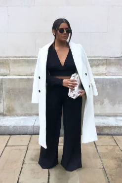Rebellious Fashion Black Wide Leg Ribbed Plunge Neck Co-ord - Brooke