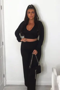 Rebellious Fashion Black Wide Leg Ribbed Plunge Neck Co-ord - Brooke