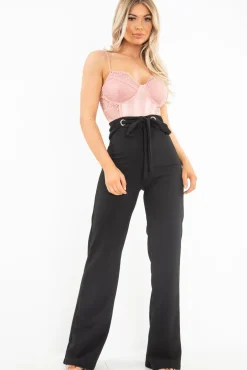 Rebellious Fashion Black Wide Leg Tie Waist Trousers - Robynn