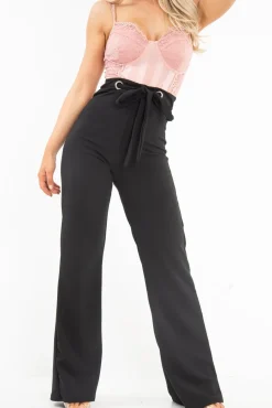 Rebellious Fashion Black Wide Leg Tie Waist Trousers - Robynn