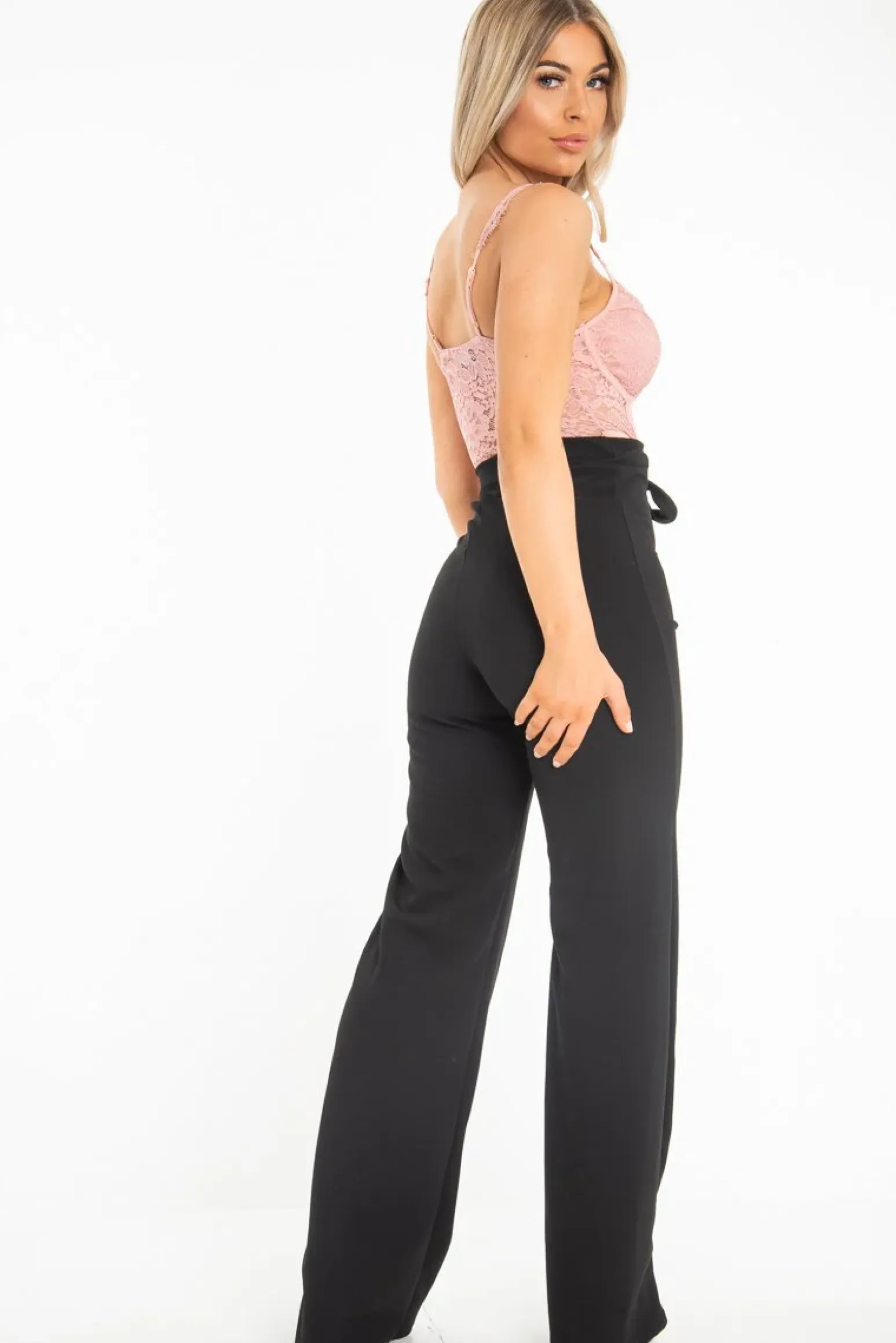 Rebellious Fashion Black Wide Leg Tie Waist Trousers - Robynn