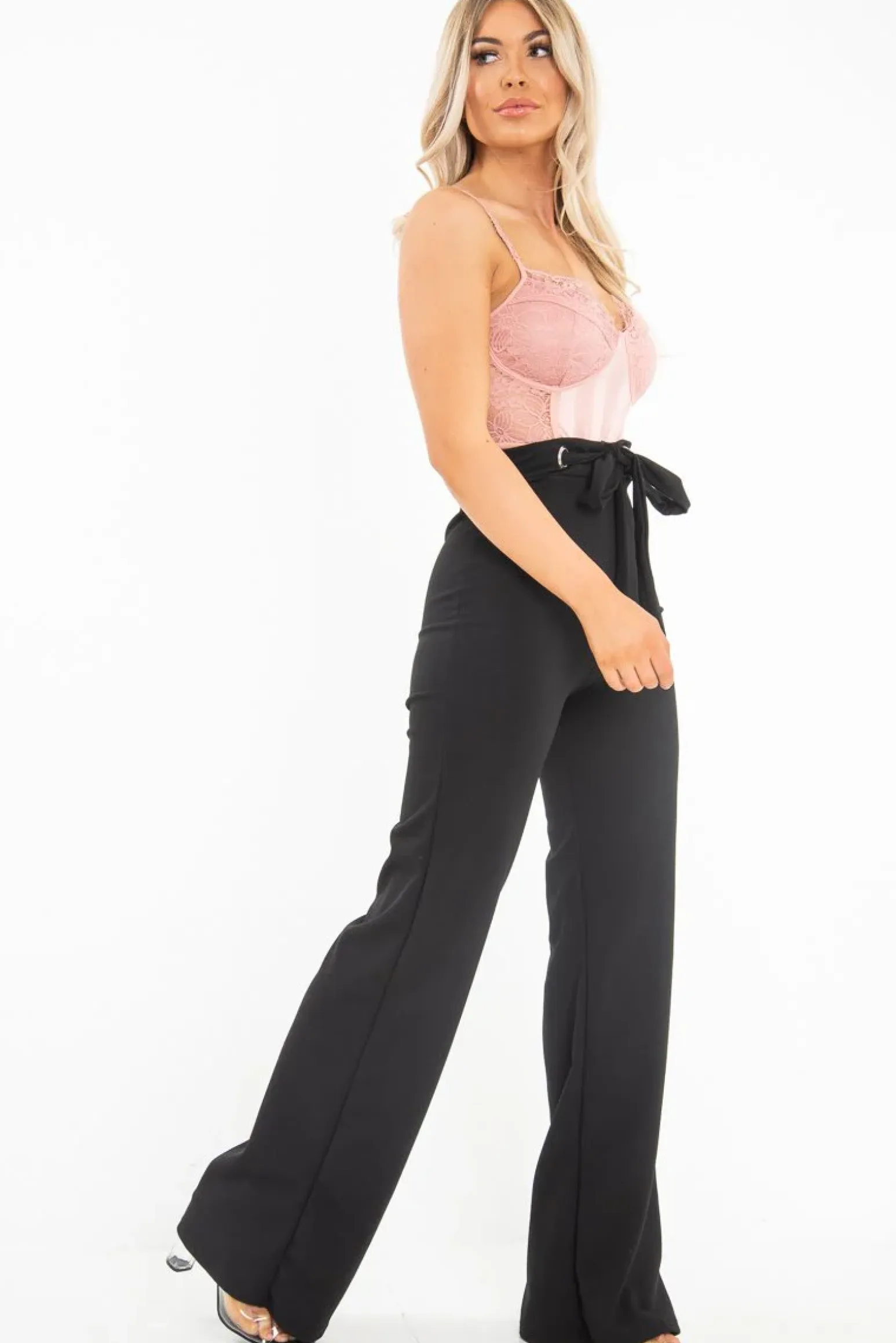 Rebellious Fashion Black Wide Leg Tie Waist Trousers - Robynn