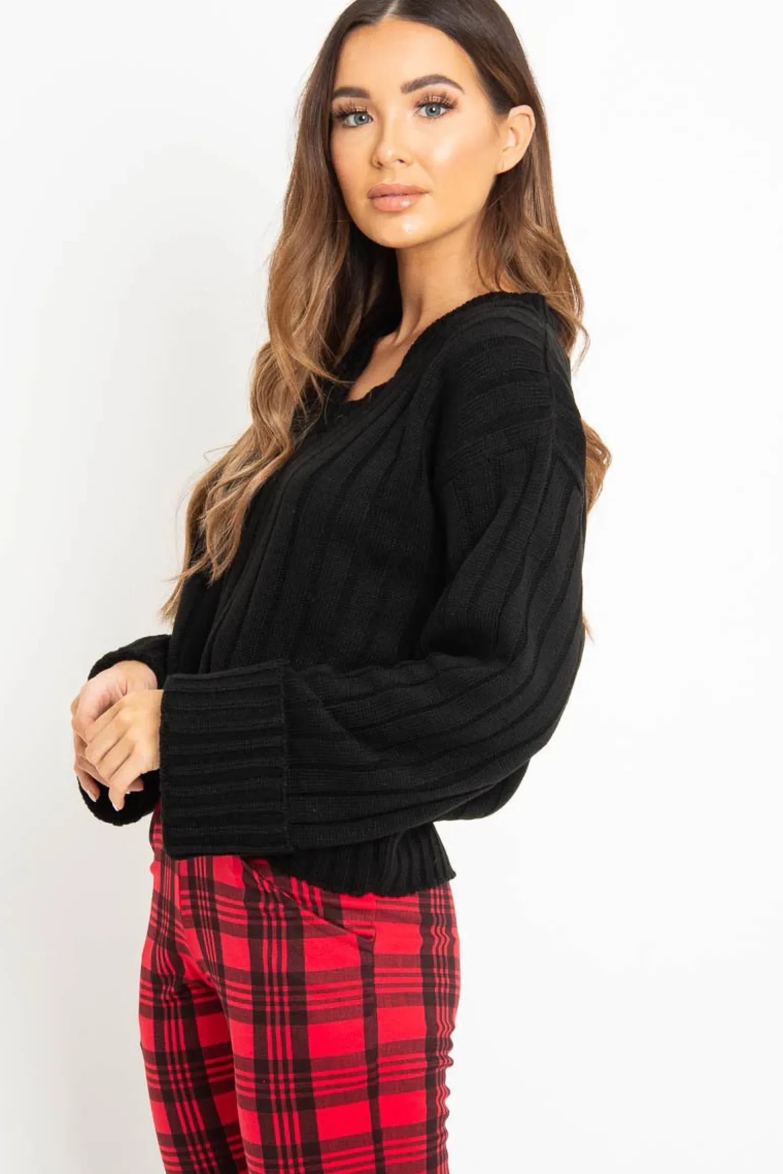 Rebellious Fashion Black Wide Rib V Neck Jumper - Alinah