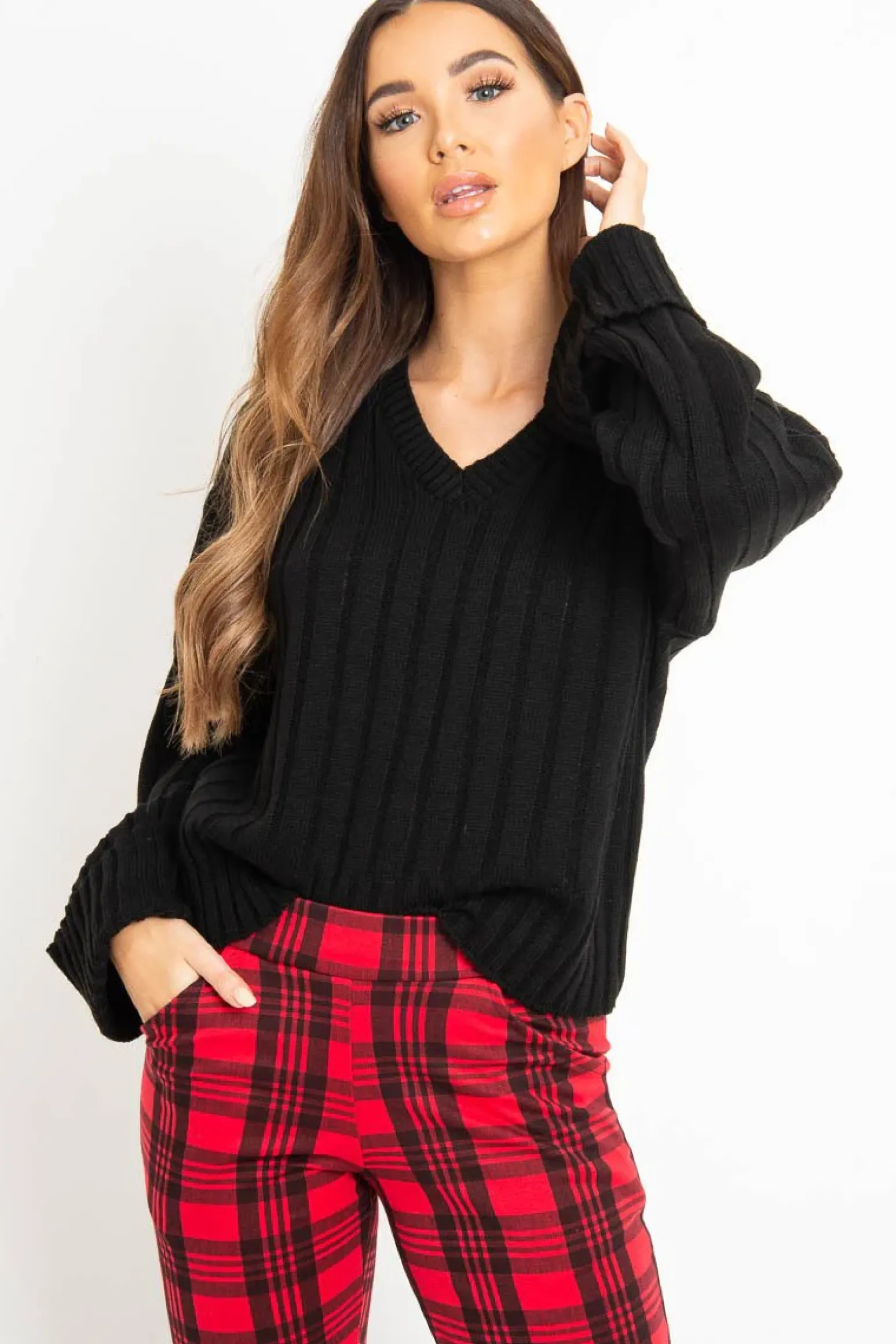 Rebellious Fashion Black Wide Rib V Neck Jumper - Alinah