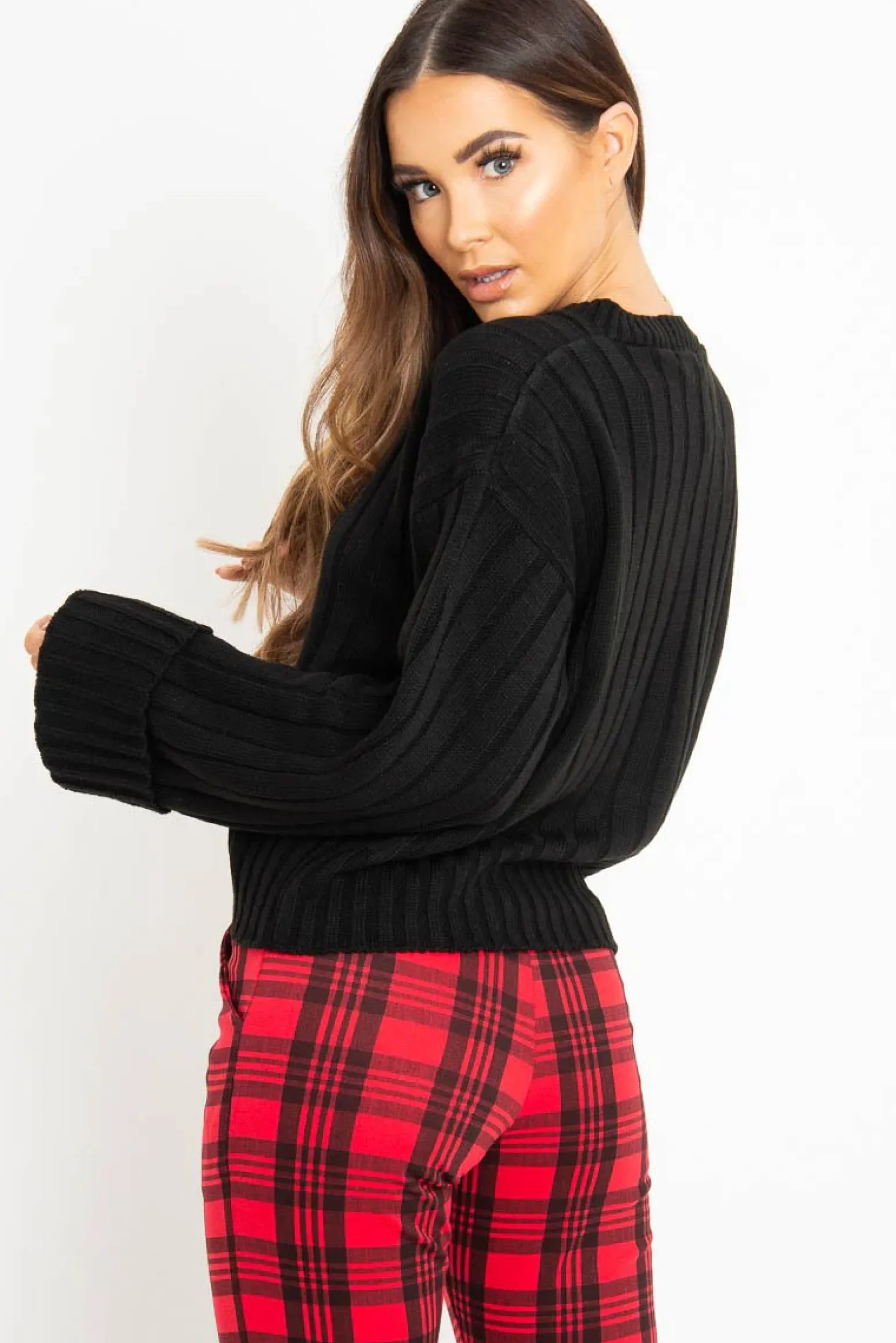 Rebellious Fashion Black Wide Rib V Neck Jumper - Alinah