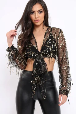 Rebellious Fashion Black With Gold Tassels Tie Front Crop Top - Joy