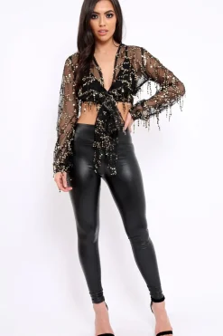 Rebellious Fashion Black With Gold Tassels Tie Front Crop Top - Joy