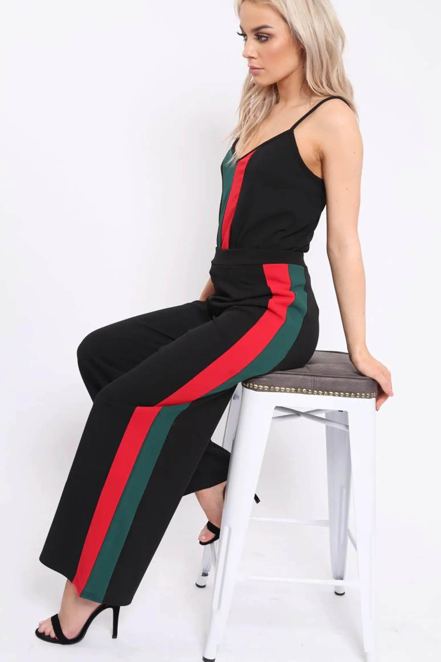 Rebellious Fashion Black With Khaki And Red Stripe Co-ord Set - Anora