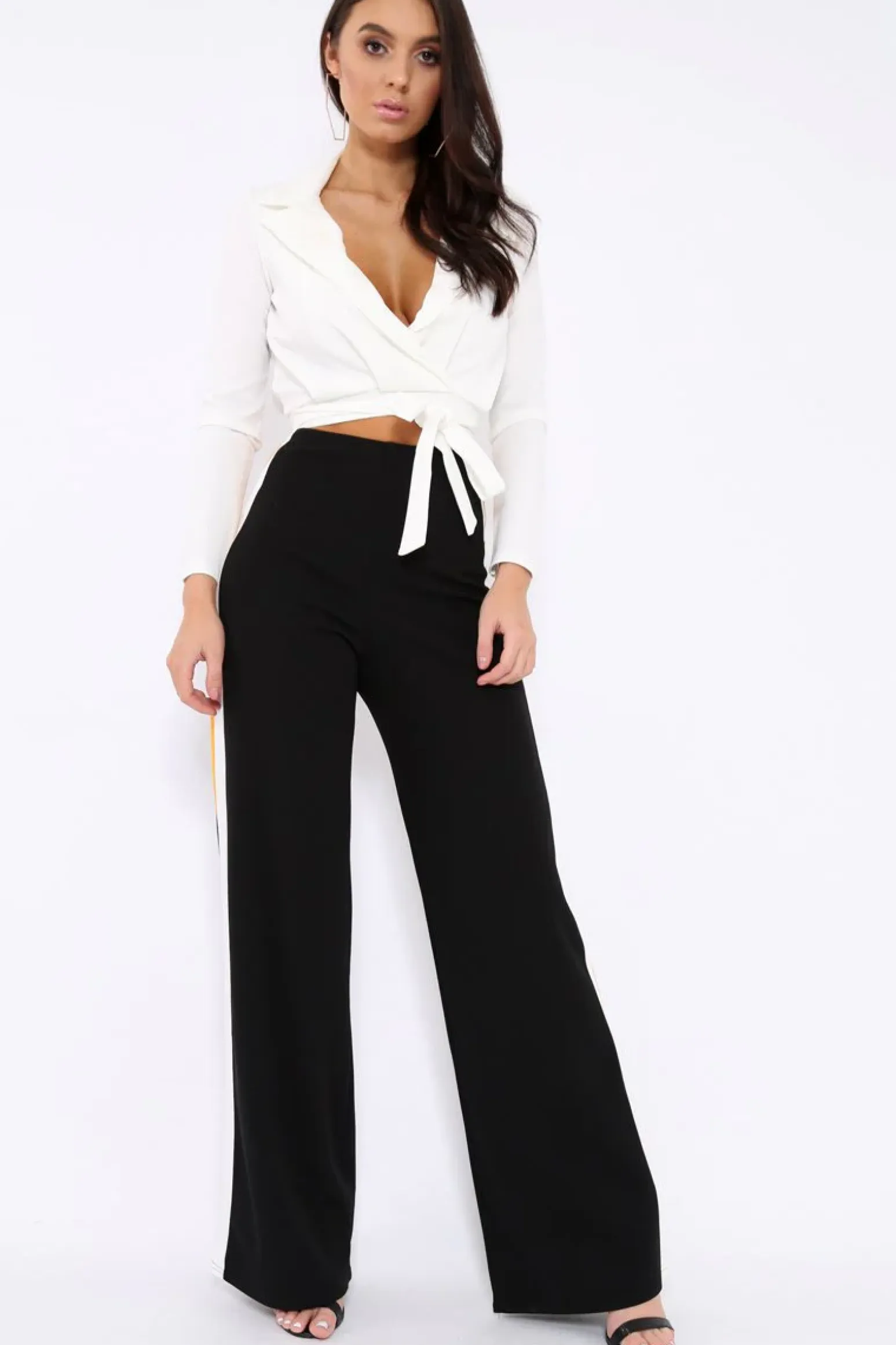 Rebellious Fashion Black with Mustard and White Side Stripe Wide Leg Trousers - Wiley