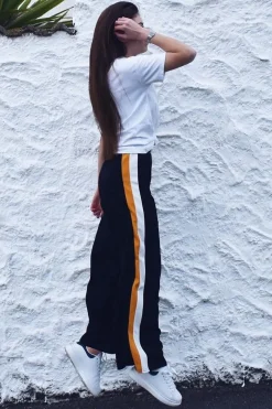 Rebellious Fashion Black with Mustard and White Side Stripe Wide Leg Trousers - Wiley