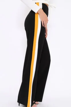 Rebellious Fashion Black with Mustard and White Side Stripe Wide Leg Trousers - Wiley
