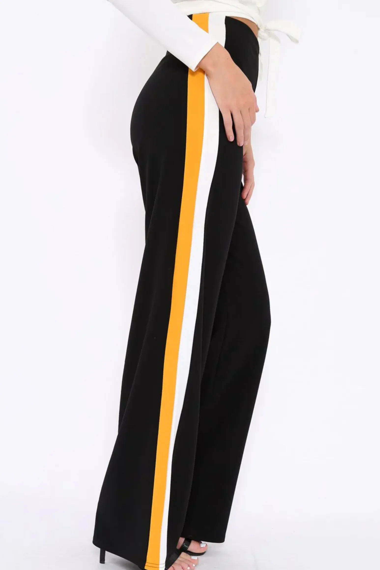 Rebellious Fashion Black with Mustard and White Side Stripe Wide Leg Trousers - Wiley