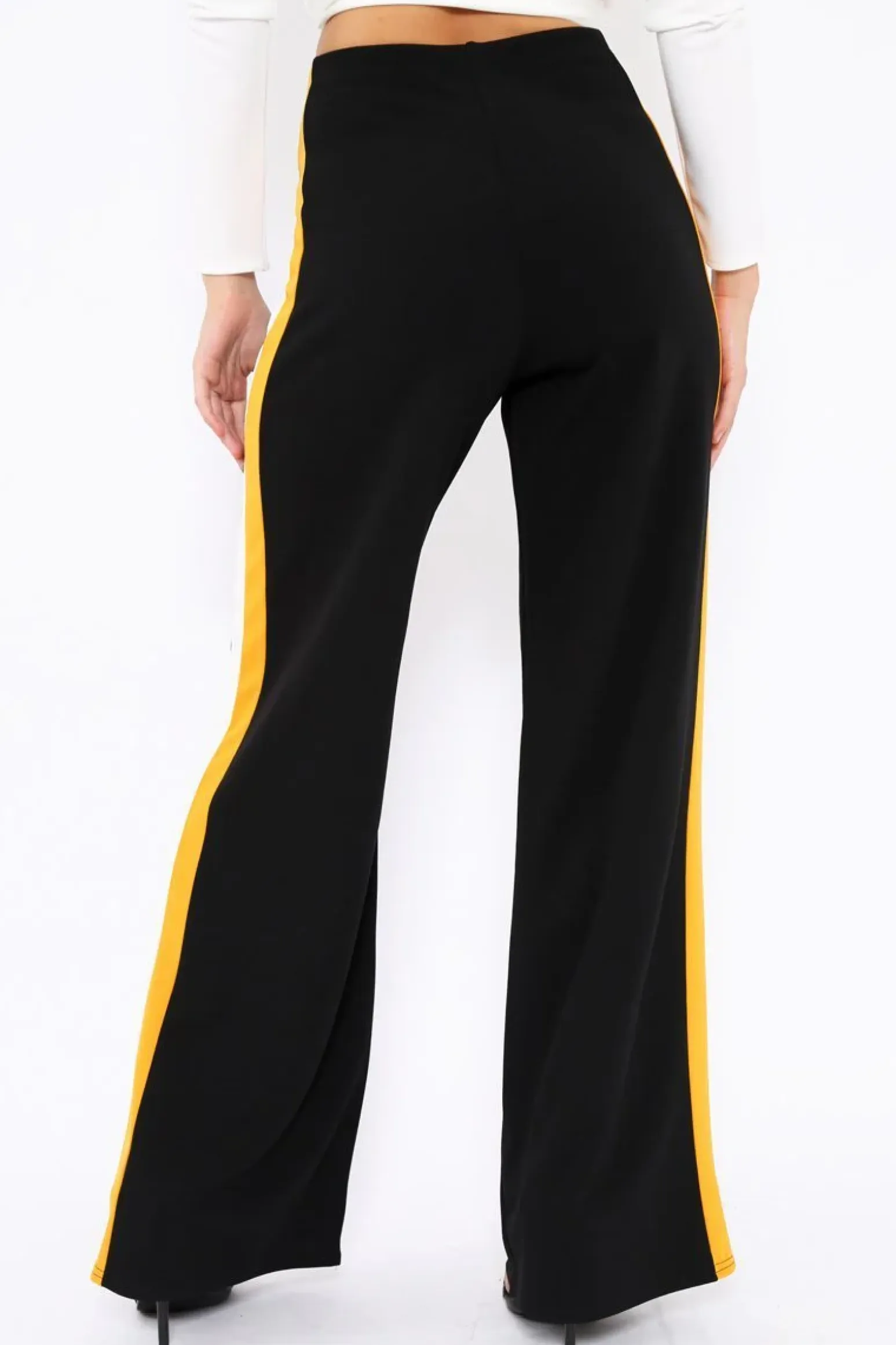 Rebellious Fashion Black with Mustard and White Side Stripe Wide Leg Trousers - Wiley