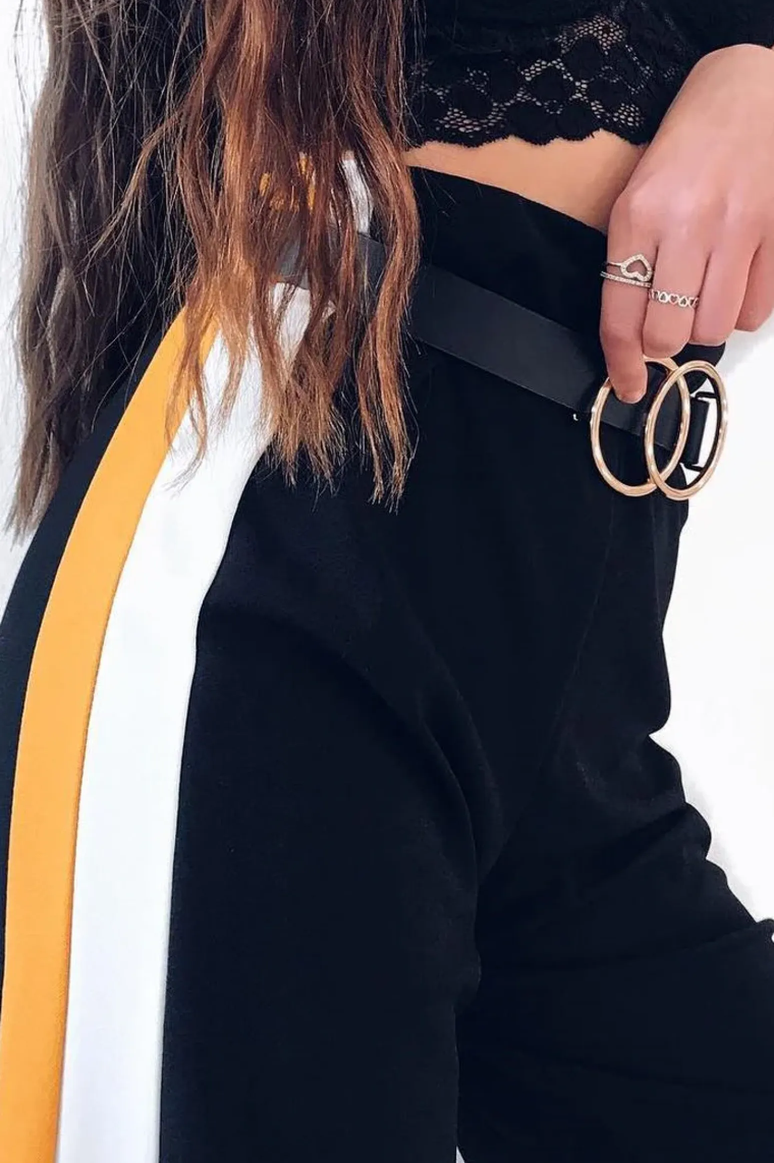 Rebellious Fashion Black with Mustard and White Side Stripe Wide Leg Trousers - Wiley