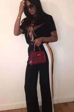 Rebellious Fashion Black with Mustard and White Side Stripe Wide Leg Trousers - Wiley