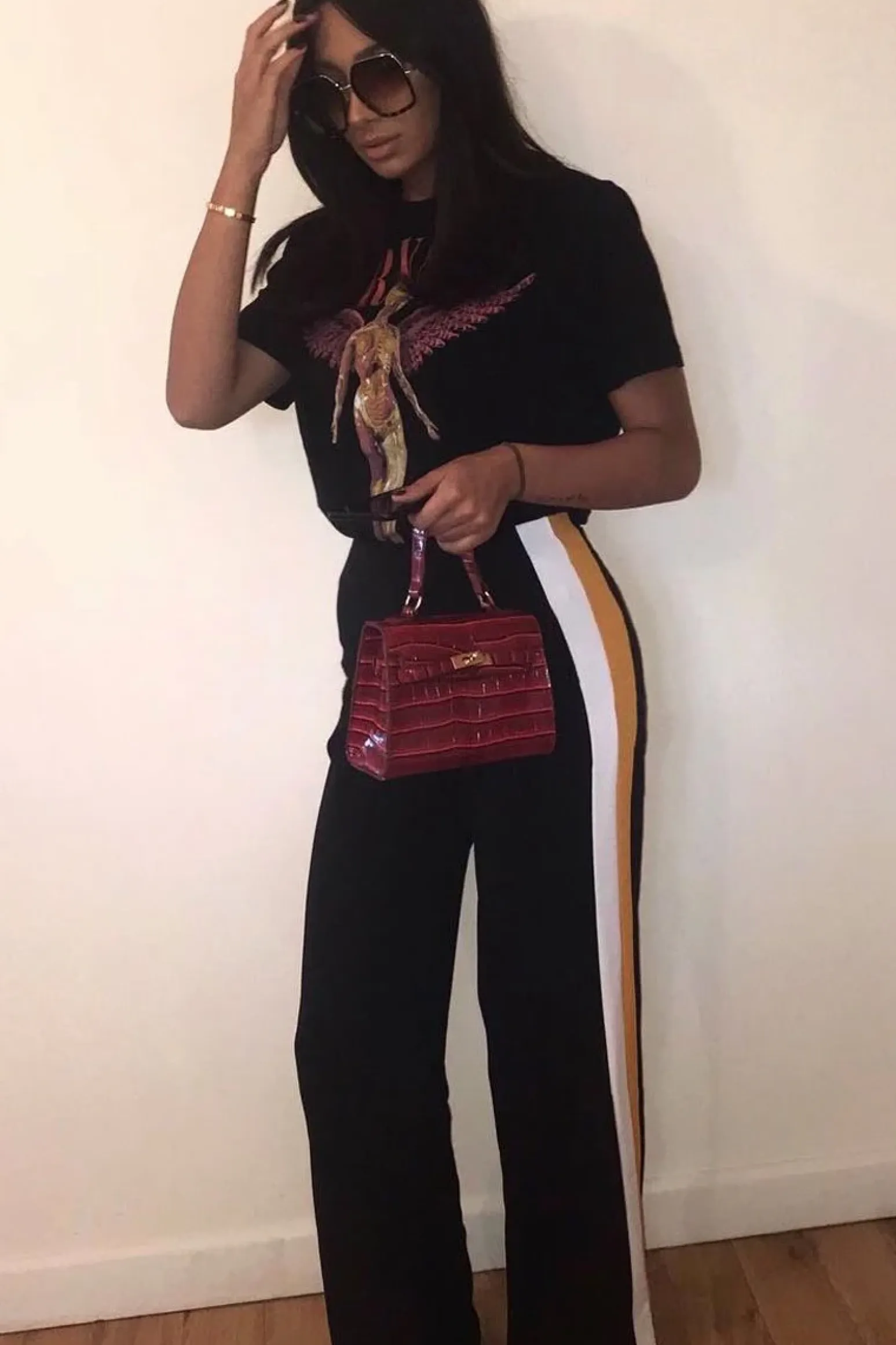 Rebellious Fashion Black with Mustard and White Side Stripe Wide Leg Trousers - Wiley