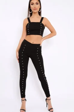 Rebellious Fashion Black with Pearls Crop Top and Trousers Co-ord - Meridith