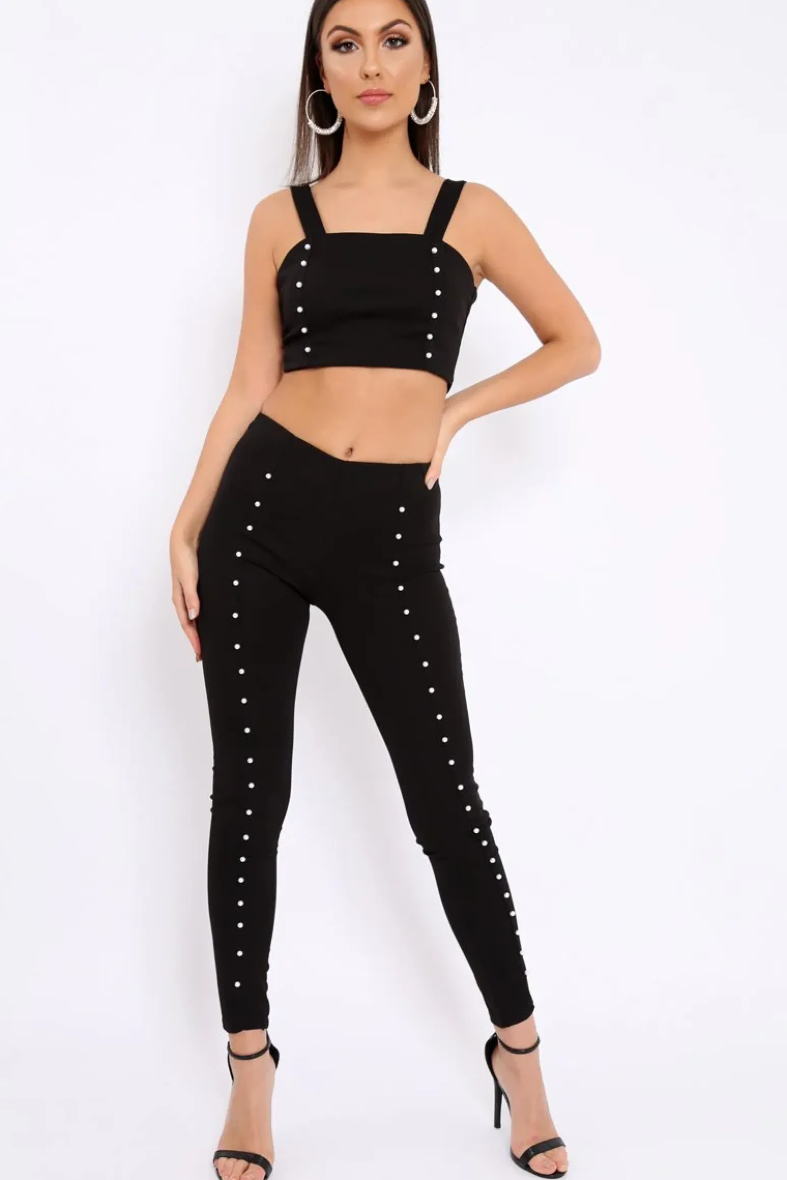Rebellious Fashion Black with Pearls Crop Top and Trousers Co-ord - Meridith