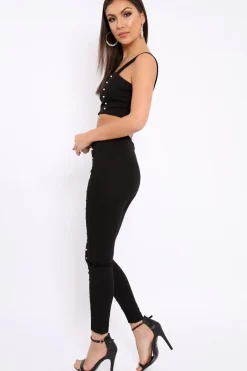 Rebellious Fashion Black with Pearls Crop Top and Trousers Co-ord - Meridith