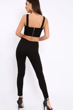 Rebellious Fashion Black with Pearls Crop Top and Trousers Co-ord - Meridith