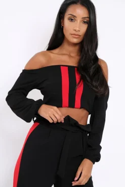 Rebellious Fashion Black With Red Stripe Bardot Crop Top - Livvie