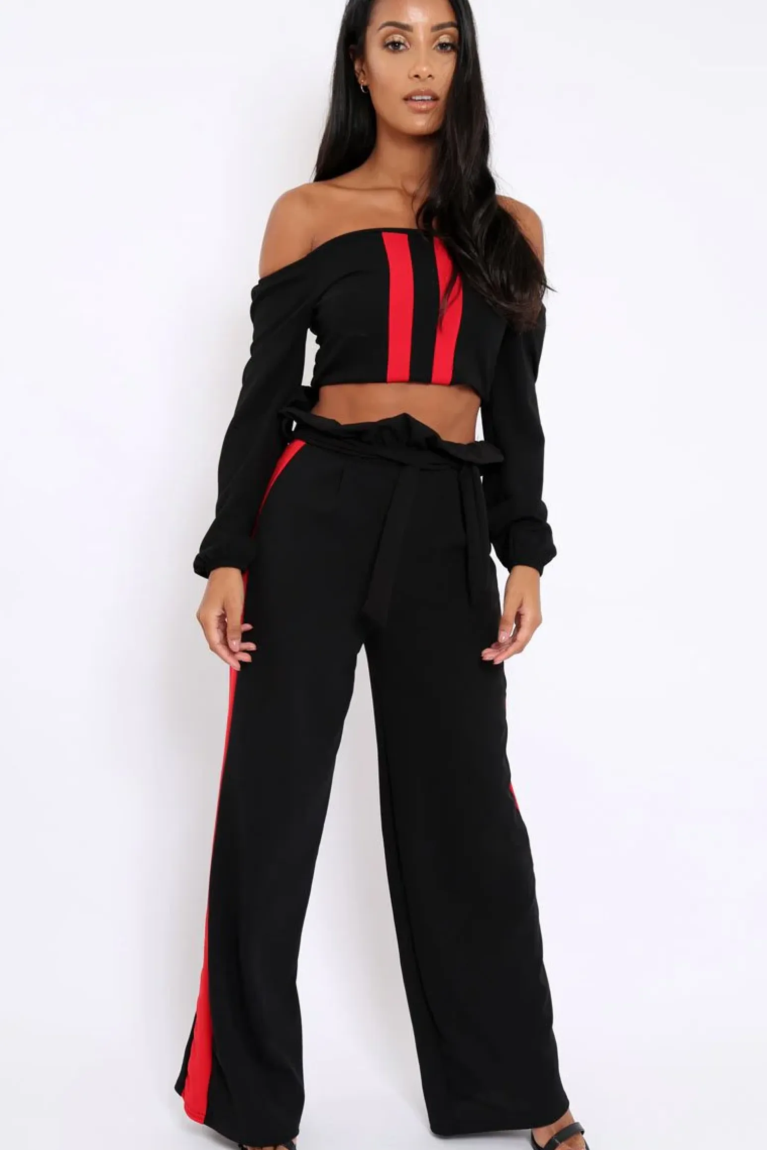 Rebellious Fashion Black With Red Stripe Bardot Crop Top - Livvie