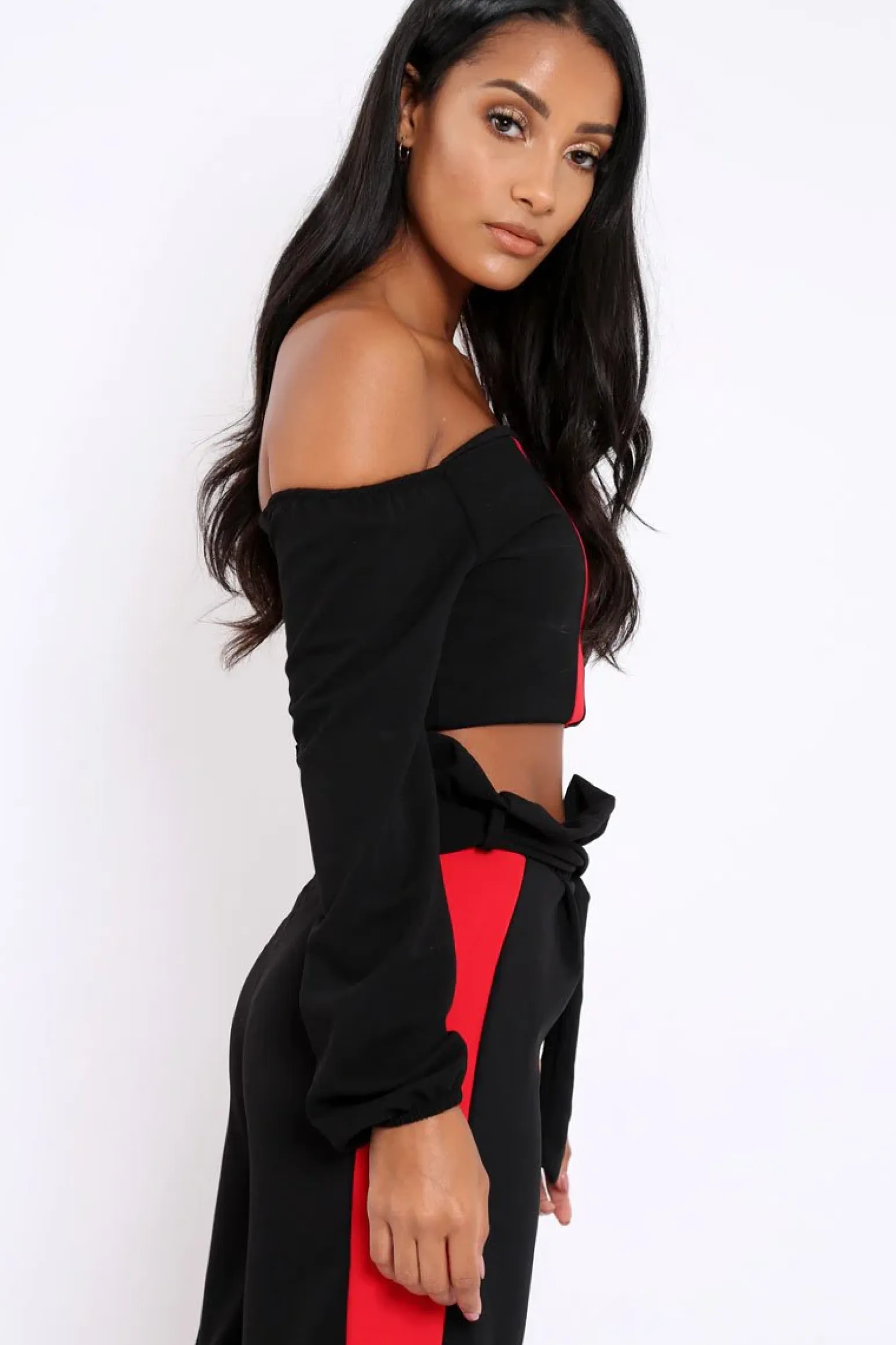 Rebellious Fashion Black With Red Stripe Bardot Crop Top - Livvie