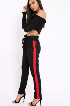 Rebellious Fashion Black With Red Stripe Paper Bag Tie Waist Cigarette Trousers - Karmen