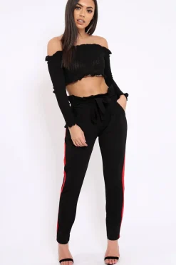 Rebellious Fashion Black With Red Stripe Paper Bag Tie Waist Cigarette Trousers - Karmen