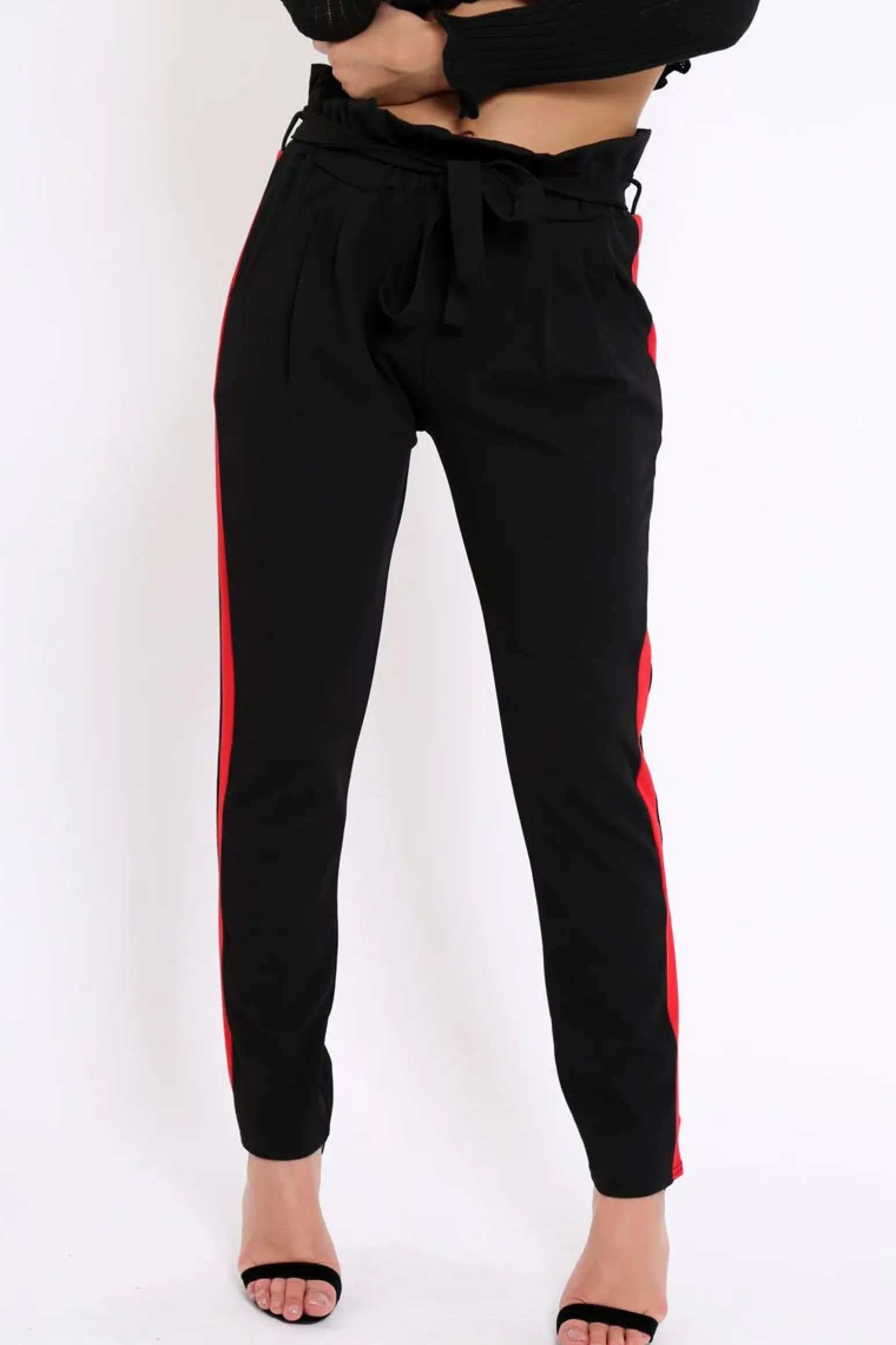Rebellious Fashion Black With Red Stripe Paper Bag Tie Waist Cigarette Trousers - Karmen