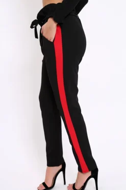 Rebellious Fashion Black With Red Stripe Paper Bag Tie Waist Cigarette Trousers - Karmen