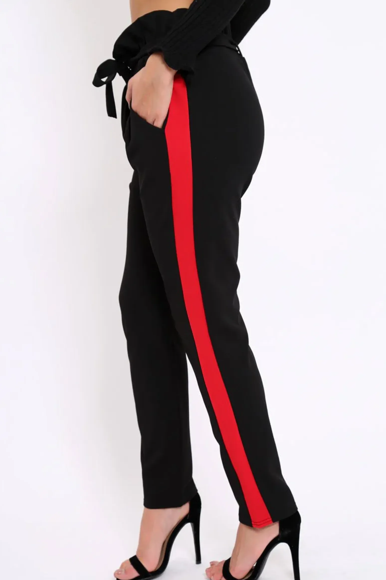 Rebellious Fashion Black With Red Stripe Paper Bag Tie Waist Cigarette Trousers - Karmen