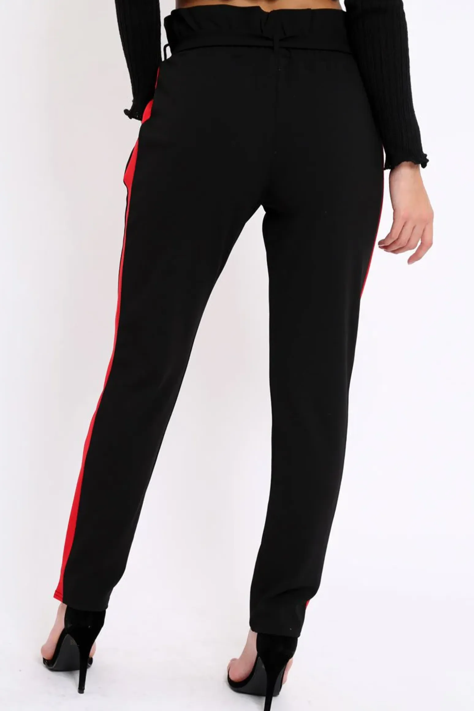 Rebellious Fashion Black With Red Stripe Paper Bag Tie Waist Cigarette Trousers - Karmen