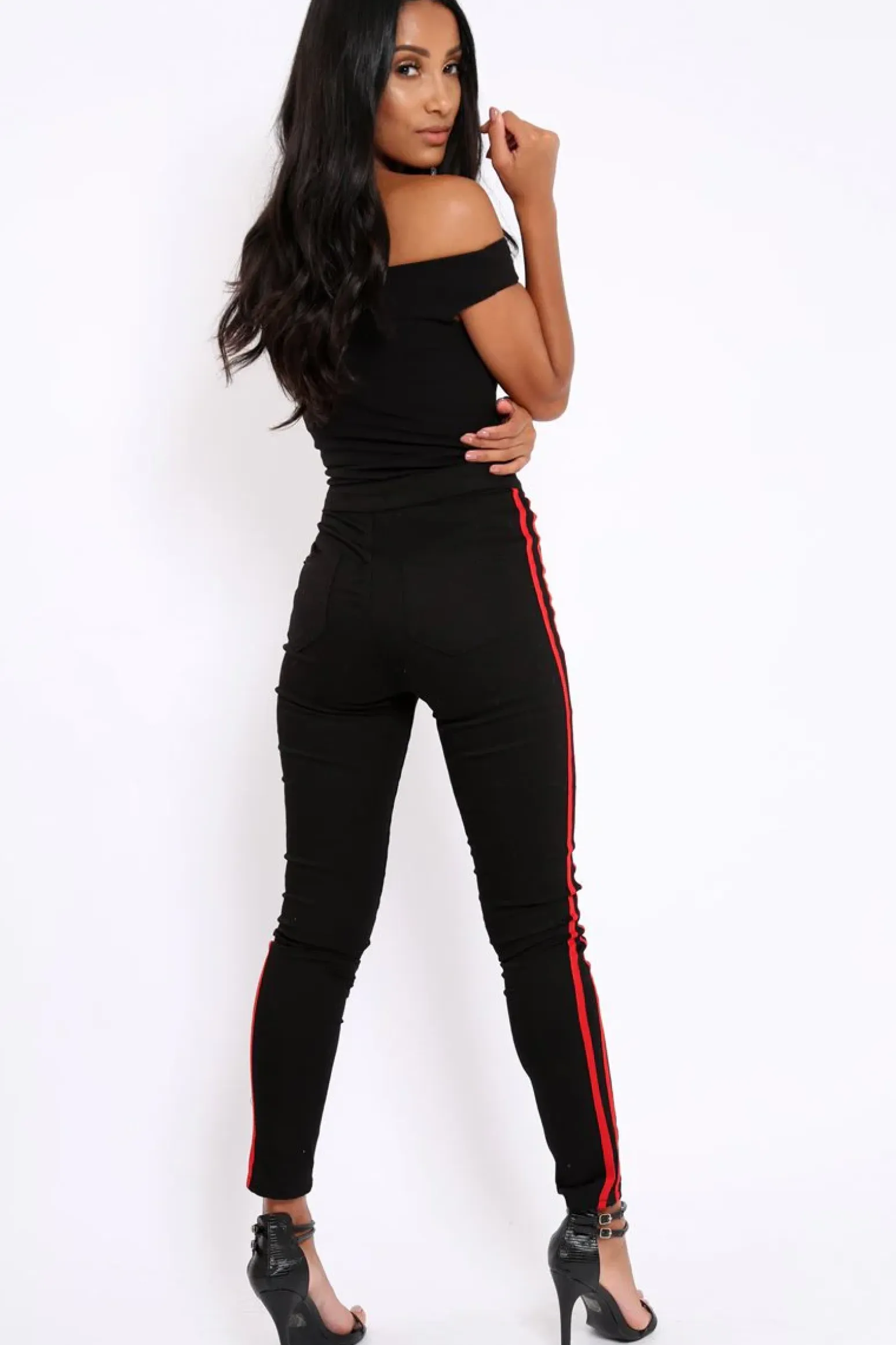 Rebellious Fashion Black with Red Stripe Skinny Jeans - Hadleigh
