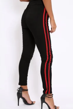 Rebellious Fashion Black with Red Stripe Skinny Jeans - Hadleigh