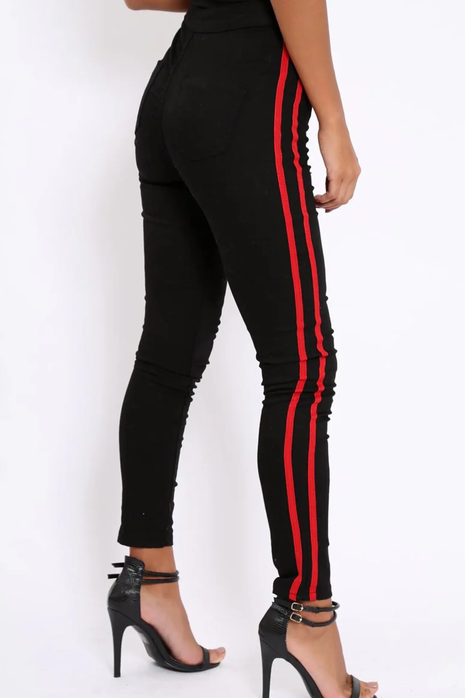 Rebellious Fashion Black with Red Stripe Skinny Jeans - Hadleigh