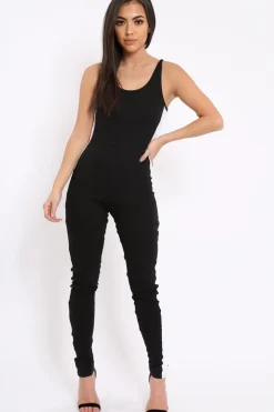 Rebellious Fashion Black With White Side Stripe Bodycon Jumpsuit - Tinisha