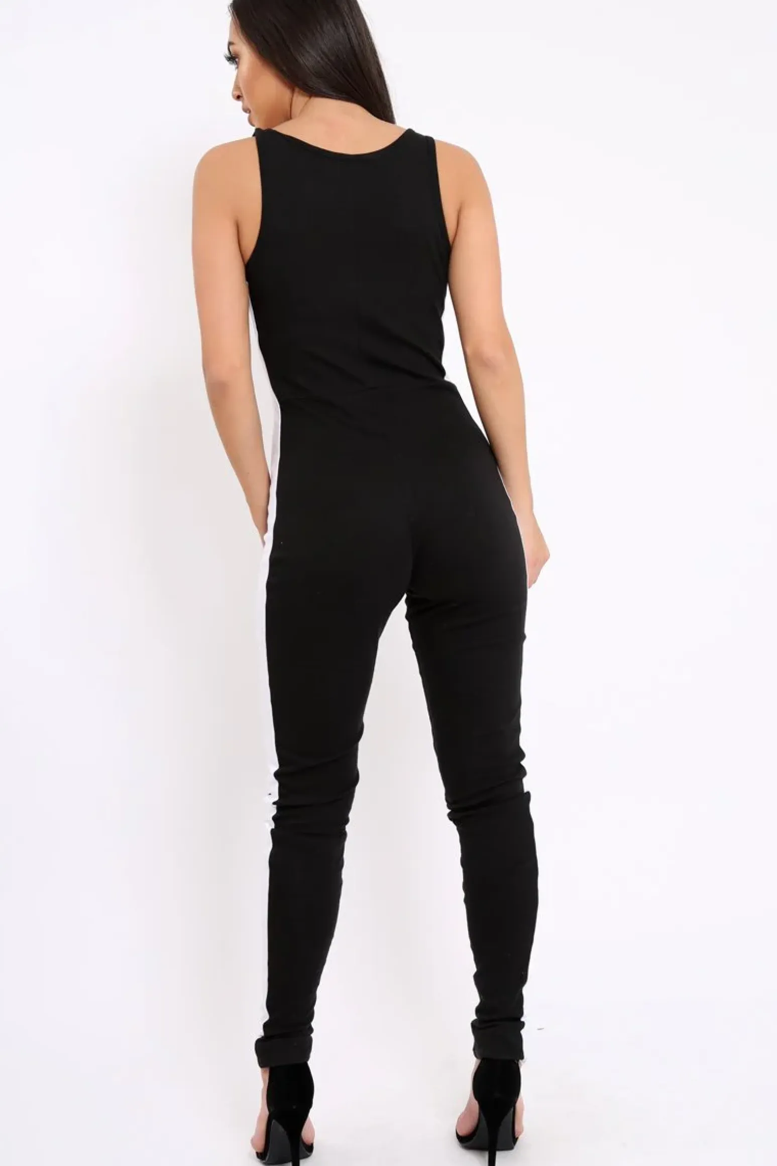 Rebellious Fashion Black With White Side Stripe Bodycon Jumpsuit - Tinisha