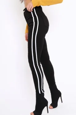 Rebellious Fashion Black with White Stripe Skinny Jeans - Hadleigh