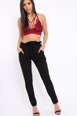 Rebellious Fashion Black With Wine Stripe Paper Bag Tie Waist Cigarette Trousers - Karmen