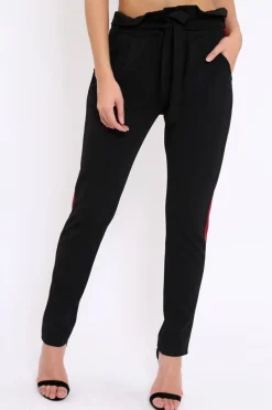Rebellious Fashion Black With Wine Stripe Paper Bag Tie Waist Cigarette Trousers - Karmen