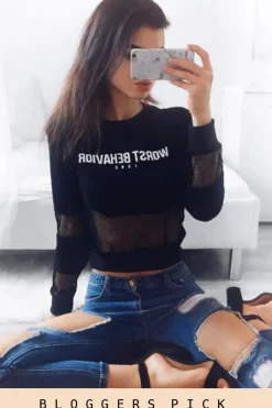 Rebellious Fashion Black Worst Behavior Slogan Cropped Jumper - Adina